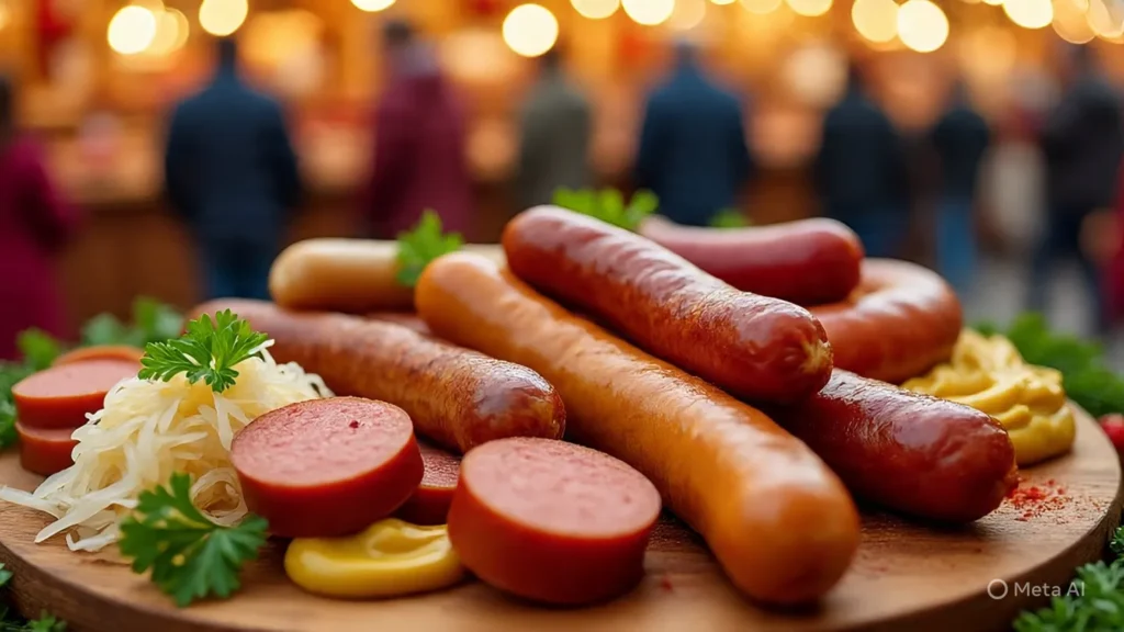 10 Surprising Facts About Germany 1 Assortment of German sausages like bratwurst and currywurst on platter at Christmas market festival