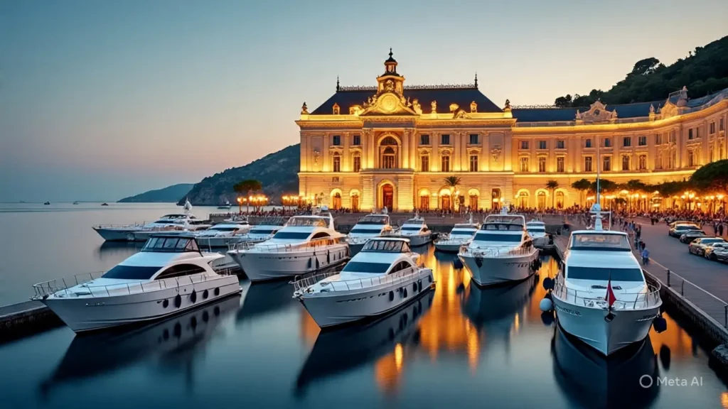 50 interesting facts about Monaco 2 A panoramic aerial view of Monaco showing the Monte Carlo Casino, luxury yachts, and coastal architecture.