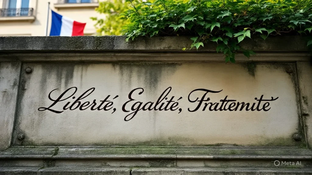 30 Interesting Facts About France You Probably Didn’t Know 3 The French national motto engraved on a stone wall with the flag in the background.