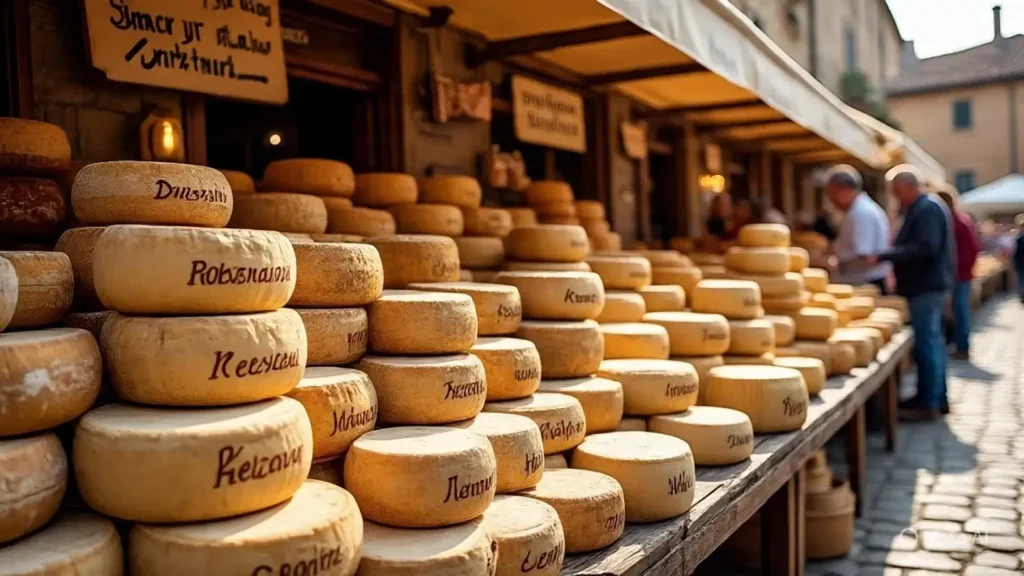 100 fun facts about Italy 4 Traditional Italian cheese market showcasing diverse regional varieties.