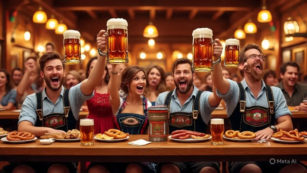 10 Surprising Facts About Germany 5 Oktoberfest beer hall scene with people in lederhosen raising steins in Bavaria