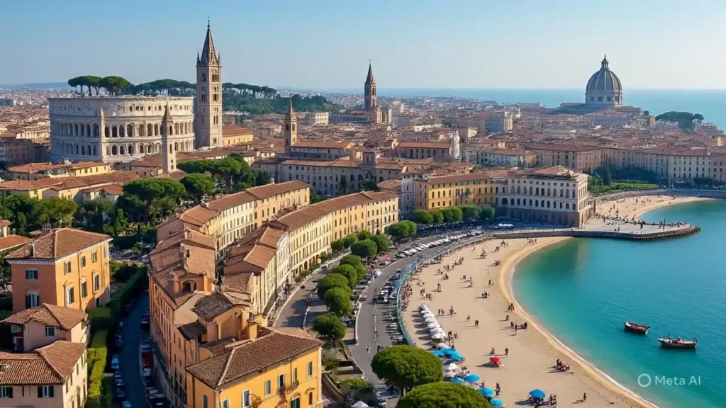 100 fun facts about Italy 6 Panoramic view of Italian hotels from Rome to coastal towns with room statistics overlay, 100 fun facts about Italy.