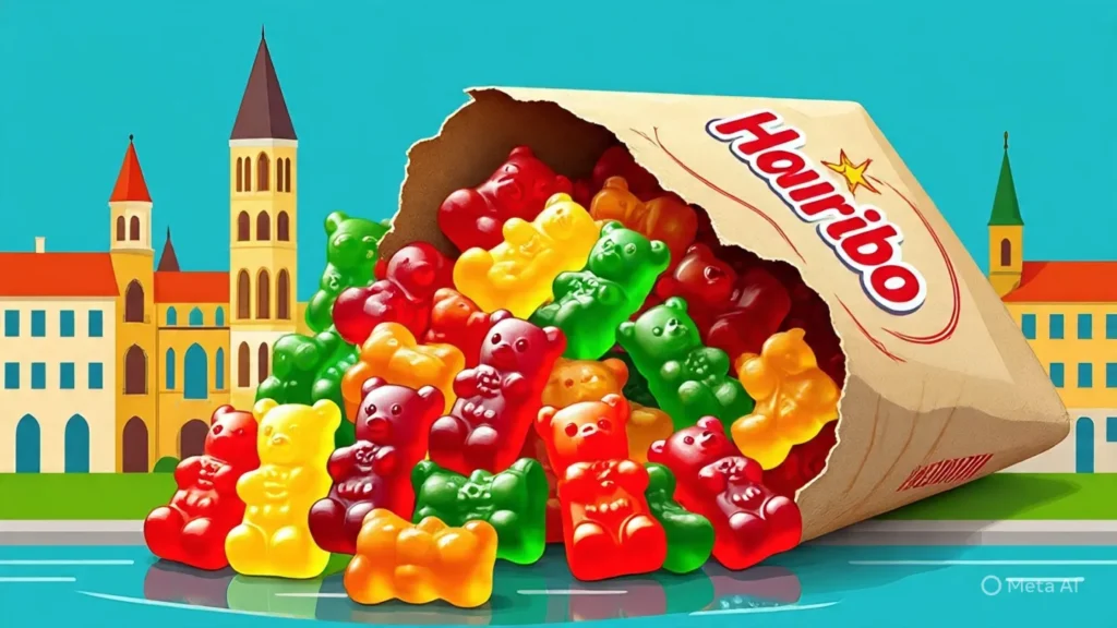 10 Surprising Facts About Germany 7 Haribo gummy bears spilling from package against Bonn cityscape background