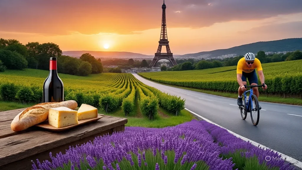 30 Interesting Facts About France You Probably Didn’t Know 8 Eiffel Tower, French cuisine, vineyards, cycling, and lavender fields representing fun facts about France, 30 interesting facts about france.