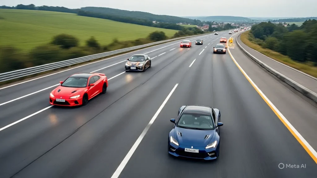 10 Surprising Facts About Germany 9 Cars racing on no-speed-limit German autobahn with scenic countryside view