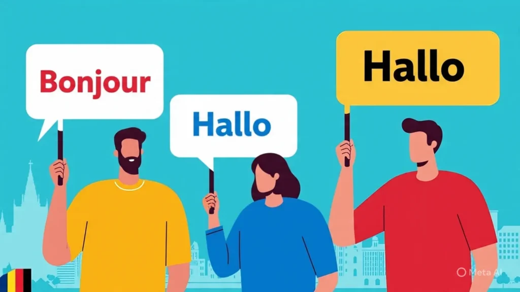 100 Interesting and Fun Facts About Belgium 2 Belgium’s three official languages: Dutch, French, and German represented by people with speech bubbles, 100 Interesting and Fun Facts About Belgium