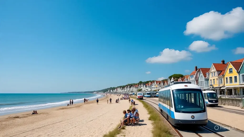 100 Interesting and Fun Facts About Belgium 3 The Belgian Coast Tram traveling along the North Sea coastline with beaches and tourists.