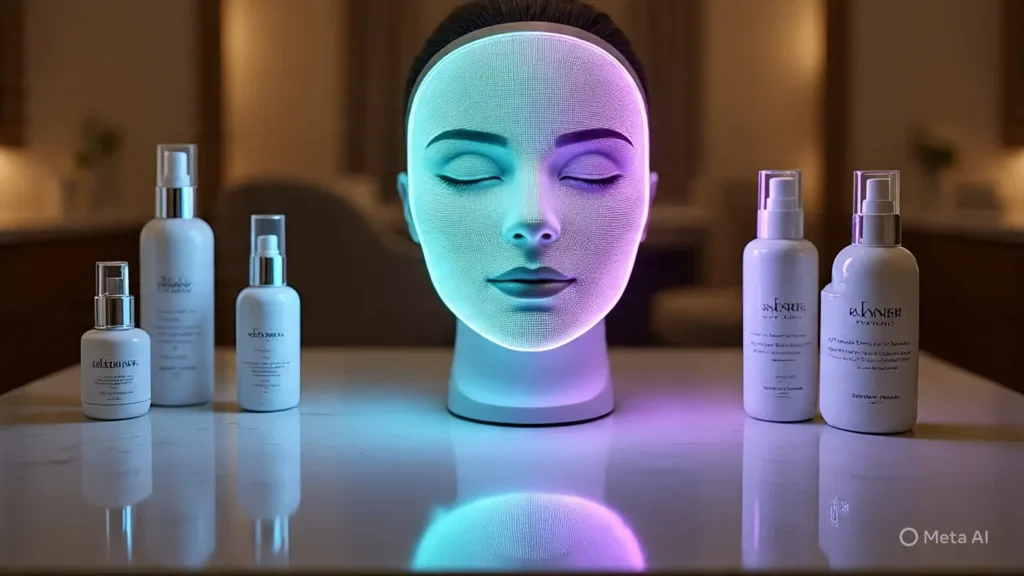 Best LED Face Masks in 2025 — Tested & Reviewed for Real Results 2 A futuristic LED face mask glowing in multiple colors, displayed on a vanity table with luxury skincare bottles, hyper-realistic