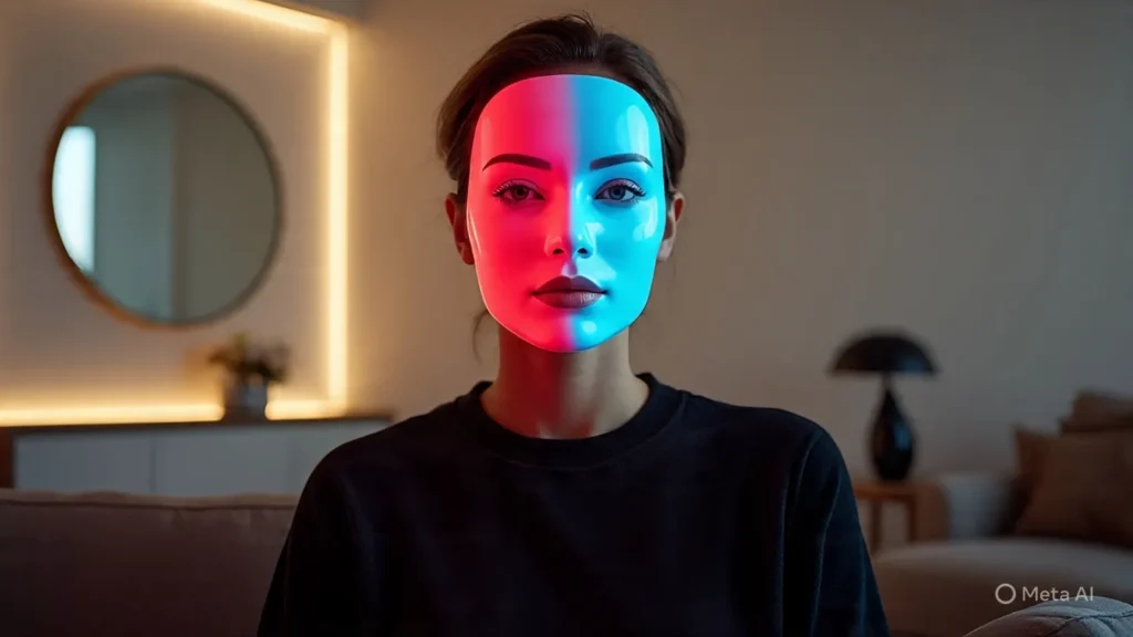Best LED Face Masks in 2025 — Tested & Reviewed for Real Results 3 Person wearing a sleek, high-end LED mask glowing red and blue, sitting in a modern living room, luxury beauty vibe