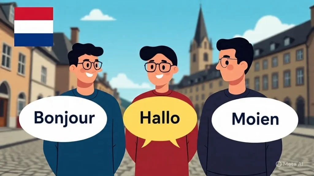 100 Fun Facts About Luxembourg 2 Luxembourg’s trilingual culture with French, German, and Luxembourgish speakers illustrated with speech bubbles, 100 fun facts about luxembourg.