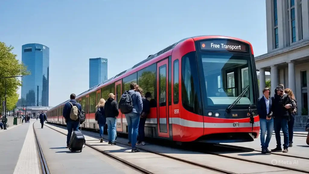 100 Fun Facts About Luxembourg 3 Luxembourg tram in Kirchberg with commuters, highlighting the world’s first nationwide free public transport system.