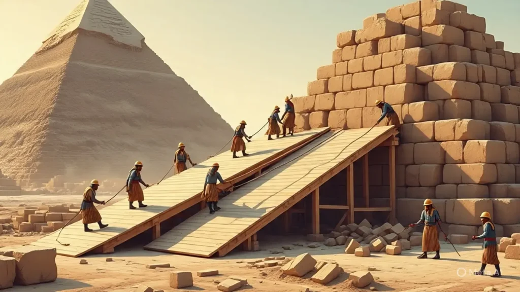 Mind-Blowing Facts About the Great Pyramid of Giza 4 Ancient Egyptian workers constructing Great Pyramid showing massive stone blocks and engineering challenges