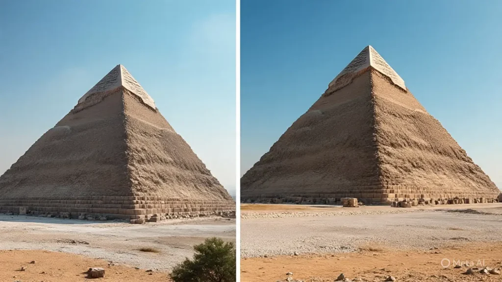 Mind-Blowing Facts About the Great Pyramid of Giza 7 Great Pyramid before and after comparison showing original white limestone casing versus weathered appearance today