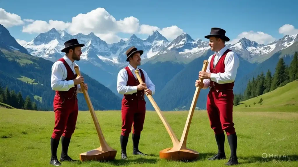 30 Interesting Facts About Switzerland You Probably Didn’t Know 5 Swiss musicians playing alphorns in the Alps mountain meadow.